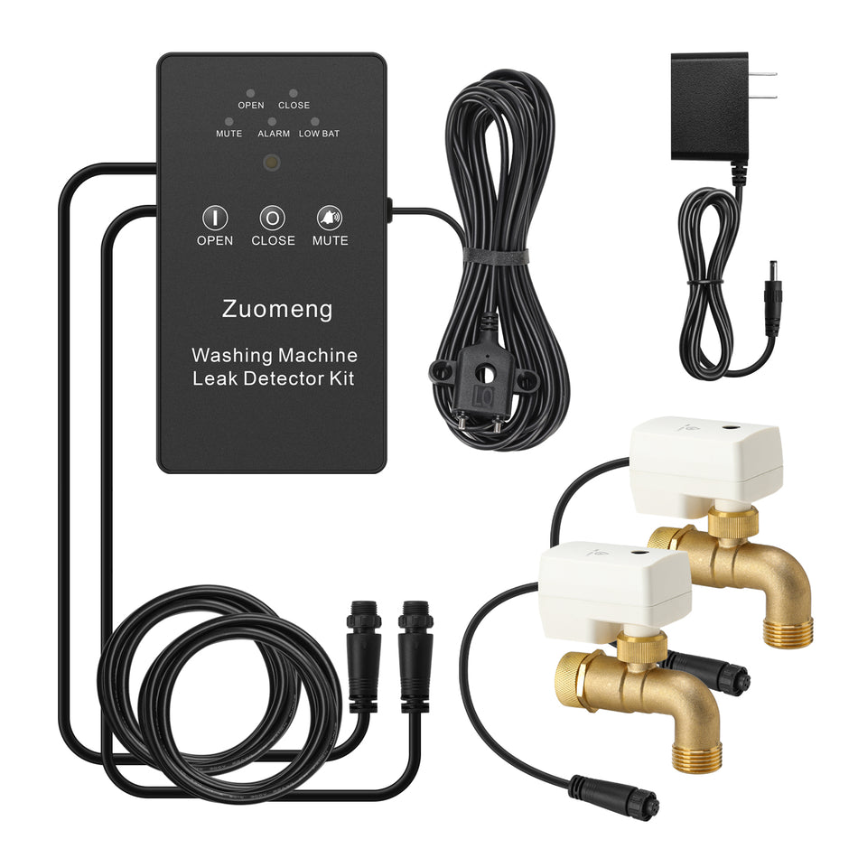 Washing Machine Water Leak Detector Kit with Dual Power Supply, Precise Sensor, Automatic Shut-Off Hot & Cold Valves 3/4" 90° , Alarm Sound and Alarm Light